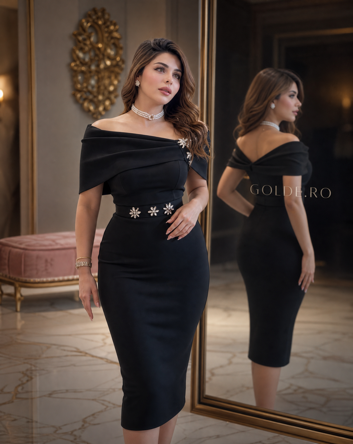 فستان ميدي ضيق ببروشات زهور من الكريستال P5 – GOLDÉ، صورة 6