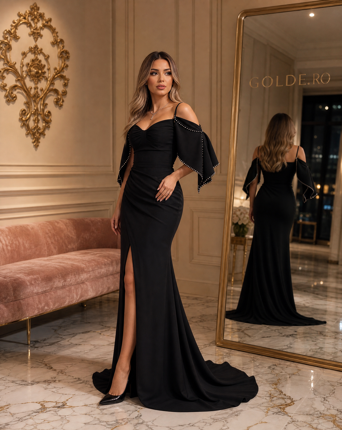 فستان سهرة أسود بأكمام منسدلة وفتحة جانبية P6 – GOLDÉ، صورة 3
