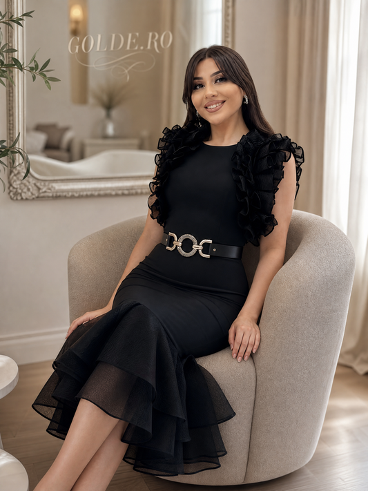 فستان حورية البحر أسود بكشكشة وحزام ذهبي P11 – GOLDÉ، صورة 2